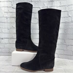 J. Crew Suede Knee High Riding Boots Women's 6 Black Leather Lined Flat Romania